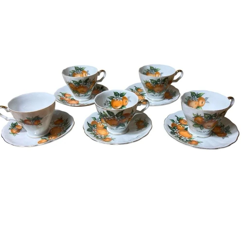 VTG California Orange Tea Cups & Saucers Set of 5 E.W. Princess Hand Painted